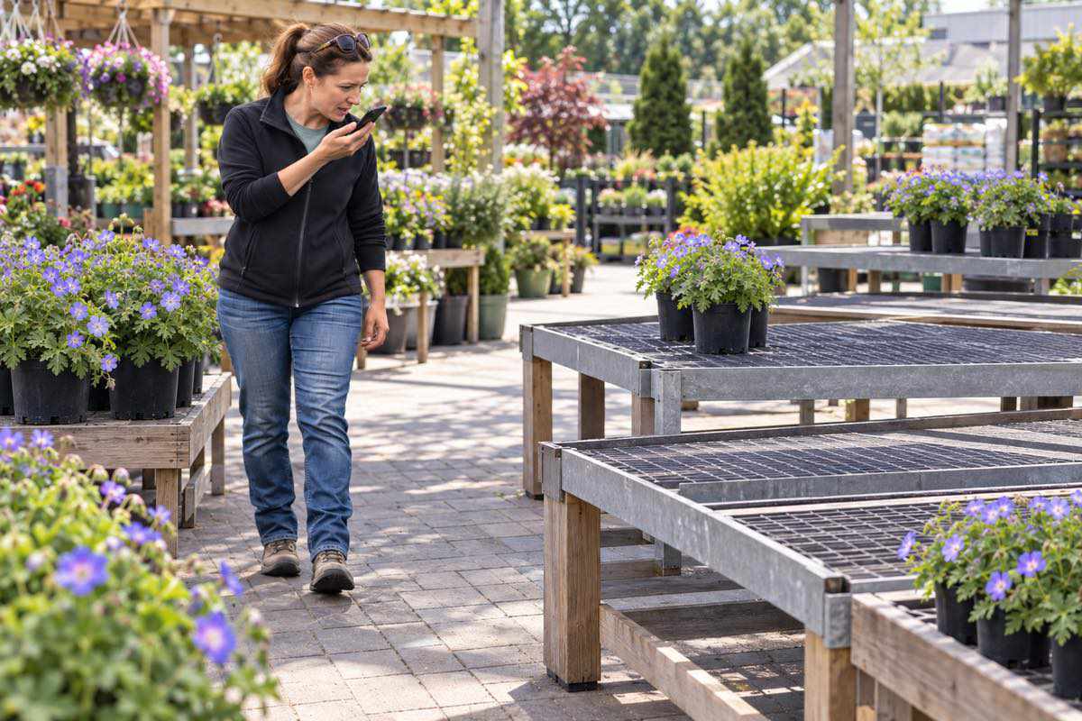 Acheteuse professionnelle parlant à son téléphone devant un lot de Geranium Rozanne en pots de 2 gallons