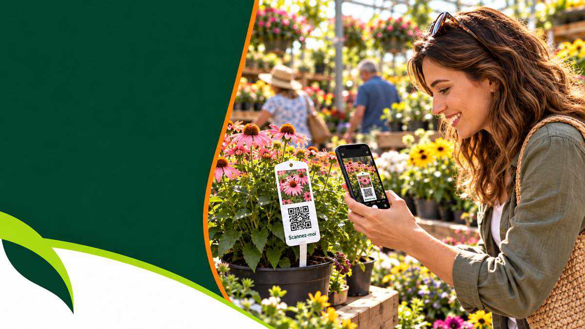 Cliente en jardinerie scannant le code QR d’une étiquette de plante
