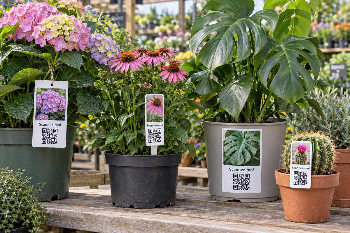 Différents supports d’étiquetage avec codes QR sur plusieurs gammes de plantes