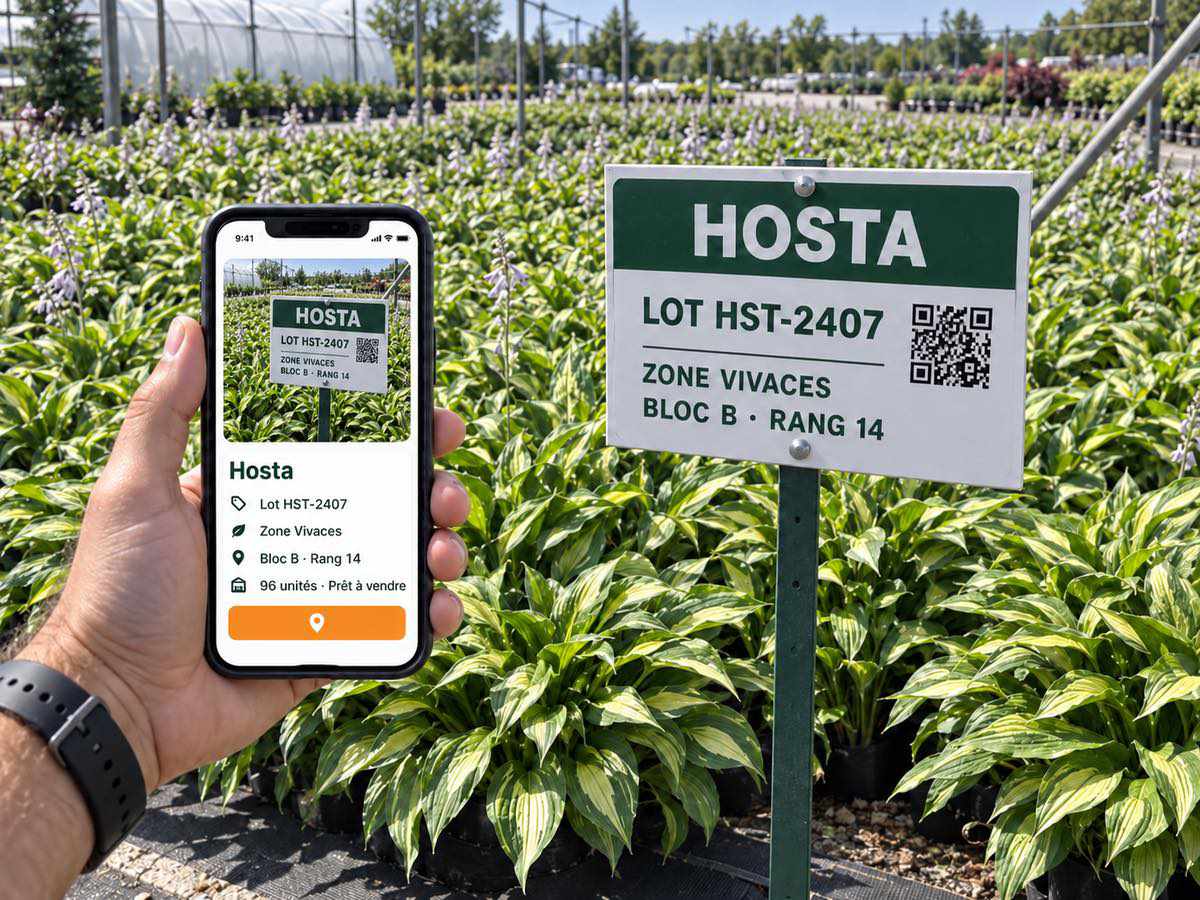 Main tenant un téléphone affichant la photo et la localisation d’un lot d’hostas identifié par une pancarte