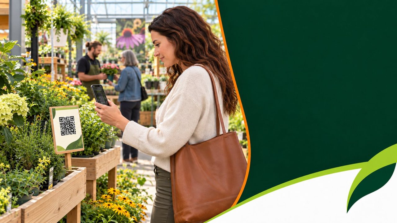 A customer scans a sign in a garden center while other customers shop.